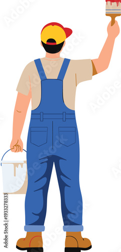 Professional Painter Holding Brush and Paint Bucket Back View Cartoon Vector Illustration