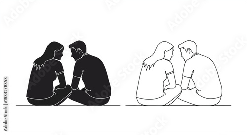 Couple sitting back to back in both black and white line art styles