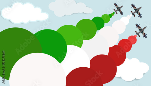 Italian Air Force Frecce Tricolori planes celebrating Italy Republic Day, Military jet parade fighters planes releasing colors white, green and red smoke	