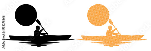 Silhouette of a person kayaking at sunset, reflected on the water