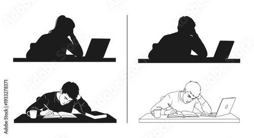 Silhouettes of people using laptops and studying at desks