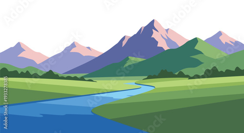 A serene landscape featuring mountains a river and lush green fields