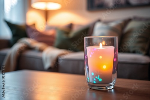 Brennende Kerze im Glas auf einem Holztisch sorgt für eine gemütliche Atmosphäre im Wohnzimmer