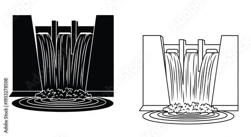 Black and white illustration of a waterfall cascading into a pool