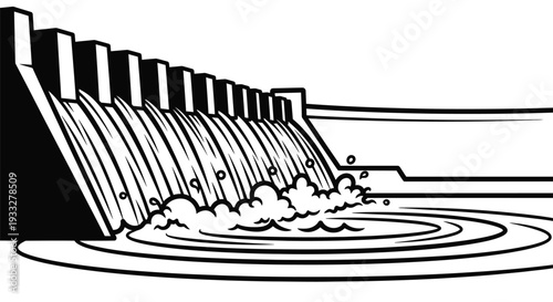 Black and white illustration of a dam releasing water into a river