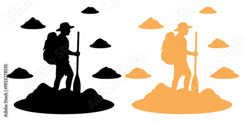 Adventurous hiker stands with a paddle on a rocky terrain, surrounded by distant peaks.