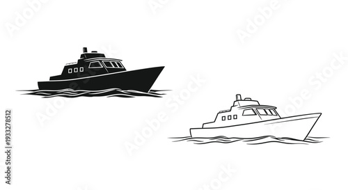 Black and white illustrations of a boat sailing on wavy water