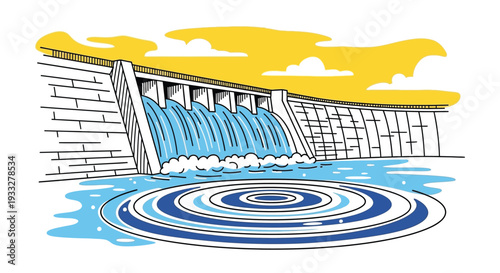 Illustration of a large concrete dam with flowing water and ripple effects
