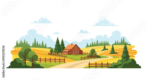 A charming rural scene depicts a cozy wooden house amidst rolling hills