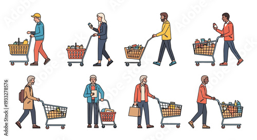 People shopping with full grocery carts and carrying shopping bags