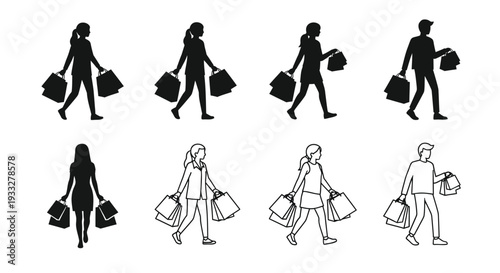 Silhouettes of people carrying shopping bags in various poses