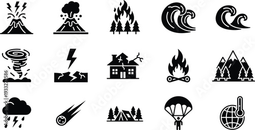 disaster, natural, hazard, volcano, wildfire, tornado, tsunami, earthquake, storm, lightning, meteor, climate, survival, emergency, icon, set, vector, safety, warning, symbol
