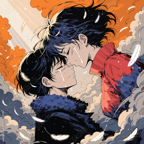 Vector illustration of couple kissing in rain