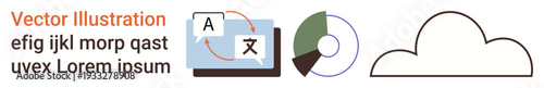 Language translation, data visualization, cloud storage, computing, technology communication, file sharing. Translation symbols, pie chart and cloud icon. Language translation and data visualization