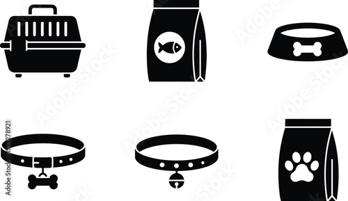 pet, care, accessories, icon, set, dog, cat, food, bowl, collar, carrier, kennel, fish, nutrition, animal, veterinary, shop, grooming, vector, silhouette