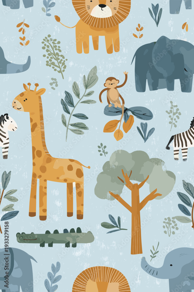 Fototapeta premium Safari animals pattern with giraffes, elephants, and lions on a light blue background. Cute cartoon jungle animals seamless pattern