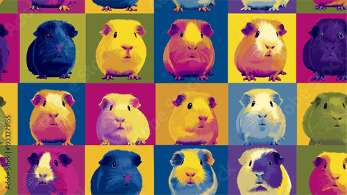 Nine cute guinea pigs in a colorful pop art distinct grid pattern. Pop art guinea pig distinct pet portraits grid