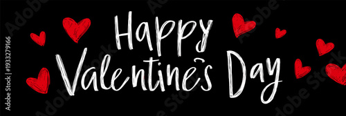 White handwritten Happy Valentines Day text surrounded by red hearts on a black background. Happy Valentines Day greeting text with red hearts