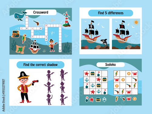 Pirate Themed Children's Activity Collection. Crossword, spot the 5 differences, sudoku, and shadow spotting