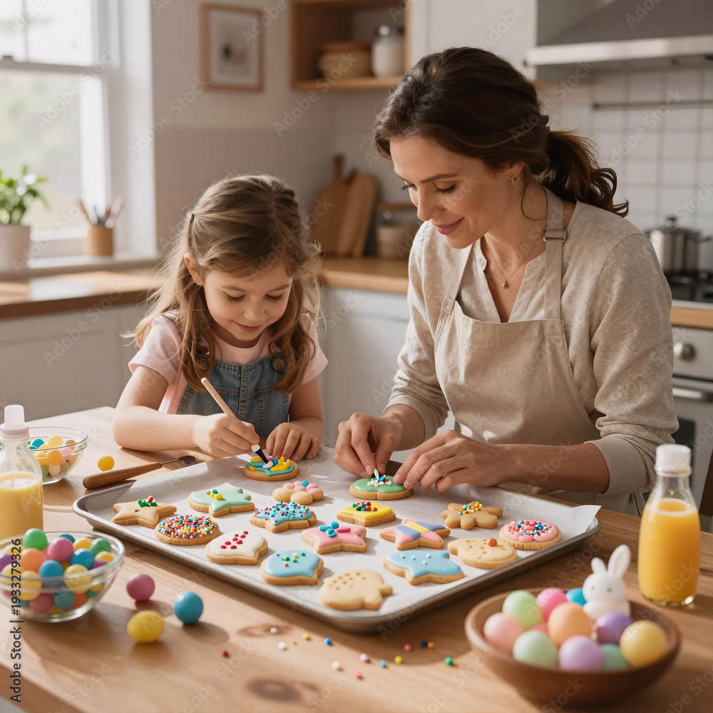 Fototapeta premium dreamworks-inspired, mother and daughter decorating easter cookies together in the kitchen