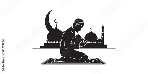 Muslim prayer silhouettes, men and women performing dua, namaz positions, islamic worship, religious devotion, ramadan faith, black silhouette illustration