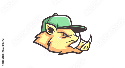 Aggressive cartoon wild boar head mascot illustration wearing a green baseball cap, depicting a strong, determined animal character.