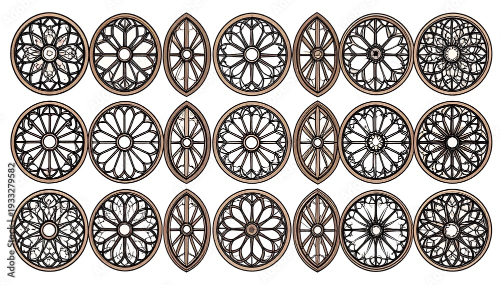 Fototapeta premium A collection of meticulously rendered, stylized window designs. Features ornate, geometric patterns and symmetrical arrangements in various circular and elongated shapes