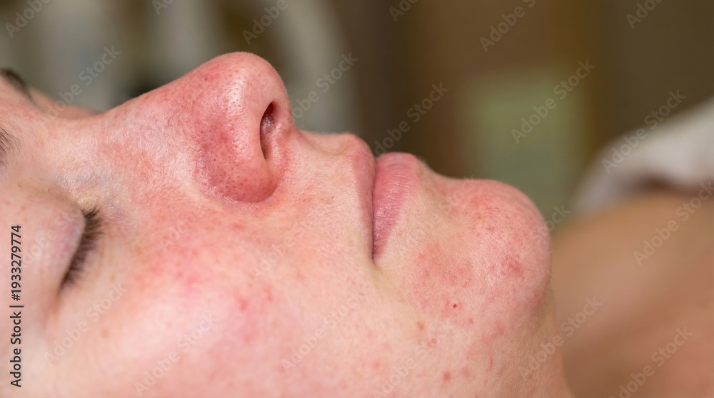 Naklejka premium Close up woman face showing redness and rosacea symptoms. Represents skin irritation, sensitivity, and dermatological issues. Suitable for medical, beauty, or skincare educational content.