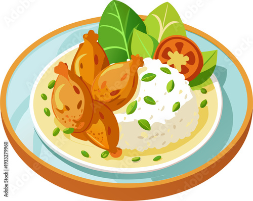 Rice with white chicken meat, herbs and vegetables. Marinated fried chicken with rice on a flat plate. , white background.