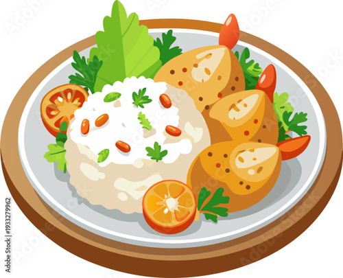 Rice with white chicken meat, herbs and vegetables. Marinated fried chicken with rice on a flat plate. , white background.