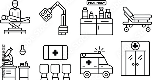 Medical healthcare line icons set including hospital equipment ambulance pharmacy laboratory microscope patient bed clinic emergency tools vector illustration thin outline style