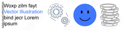 Business workflow, efficiency, teamwork, financial success, innovation, productivity. Gears, blue happy face coins. Business workflow and efficiency concepts in a visual