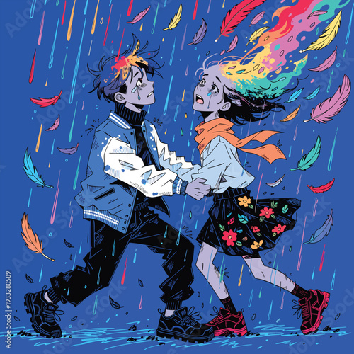 Sad young couple holding hands in colorful rain with falling feathers vector illustration