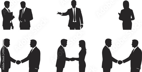 Business people silhouettes shaking hands and discussing, depicting corporate partnership, professional communication, negotiation, agreement, and teamwork concept in modern office environment