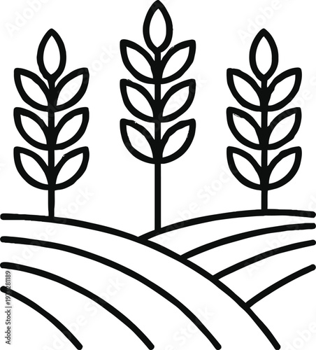 Black Line Art of Wheat or Oats Growing on Rolling Hills