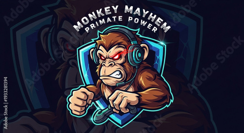 Angry monkey wearing headphones and shield on transparent background with glowing outline