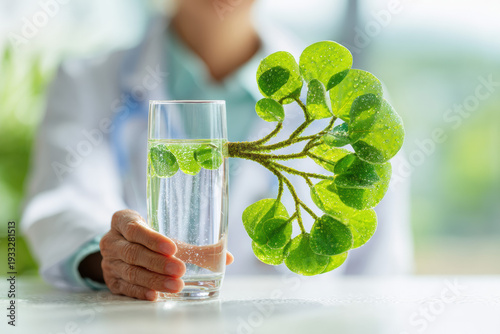 Symbolic kidney shape made of green leaves and healthy hydration concept