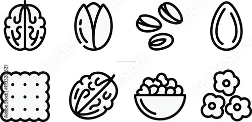 Minimal line icons of nuts and snacks collection including walnut almond pistachio seeds cracker popcorn and cereal bowl healthy food vector set