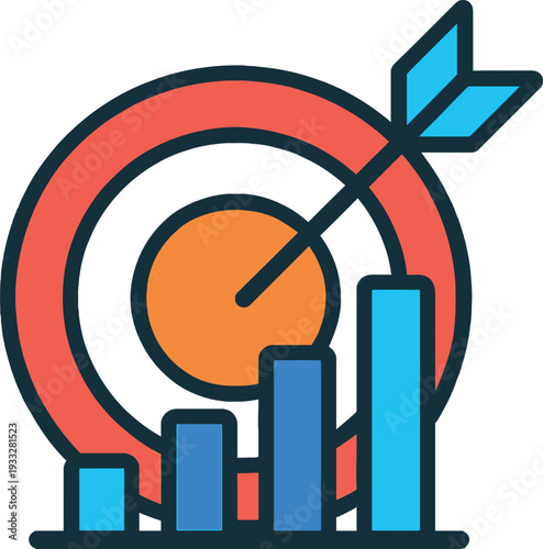 Red target with blue arrow and bars bar graph white background