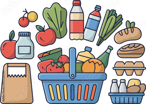 Grocery shopping basket full of fresh vegetables and organic products on transparent background vector design.