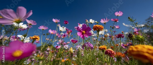 A vibrant field of cosmos flowers blooming under a clear blue sky