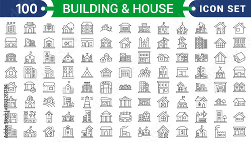 Building and house icon set. Containing house, office, bank, school, hotel, shop, university and hospital icons. Solid icon collection. Vector illustration