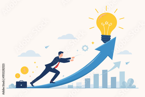 Businessman Pushing Upward Blue Arrow with Glowing Light Bulb for Innovation and Success, Financial Growth Bar Chart and Gold Coins Background, Concept of Business Strategy and Leadership