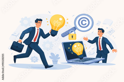 Vector Illustration of a Businessman Stealing a Creative Idea Lightbulb from a Laptop, Representing Copyright Infringement, Intellectual Property Theft, Plagiarism, and Unfair Competition.
