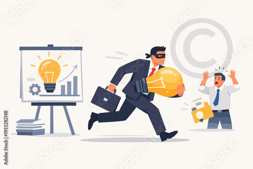 Businessman in a mask stealing a lightbulb idea from a colleague, copyright infringement and intellectual property theft concept, flat vector illustration of plagiarism and corporate crime.