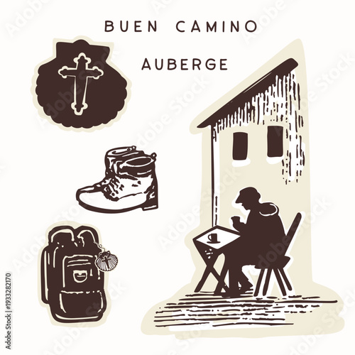 Hand drawn camino icon set with backpack, pilgrim at refugio aubergue pitstop . Scallop shell for st james way european pilgrimage symbol collection. Isolated sticker element for passport stamp