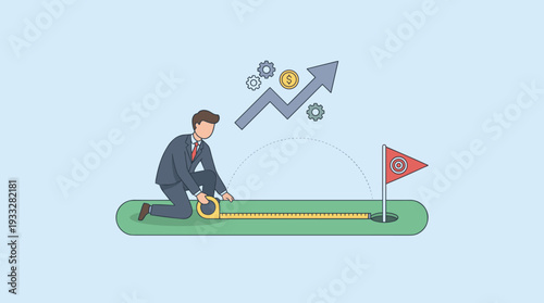 Businessman in a suit using a measuring tape to calculate the distance to a target flag on a golf green, symbolizing business performance analysis, goal setting, growth strategy, and success.