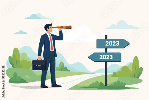 Businessman in Professional Suit Holding Briefcase and Looking Through Telescope for Future Opportunities, Standing by a Directional Signpost for Year 2023 on a Path, Vision and Strategy Concept.