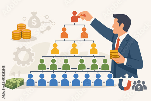 Multi Level Marketing MLM Business Concept with Businessman Building Organizational Structure and Network Hierarchy, Financial Pyramid Scheme Illustration with Money, Coins and Team Recruitment