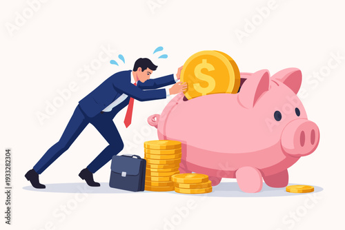 Businessman in Suit Putting Large Gold Dollar Coin into Giant Pink Piggy Bank with Great Effort and Difficulty, Concept of Financial Savings, Investment Strategy, Retirement Planning and Budget